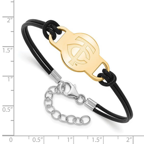 Sterling Silver Gold Plated Major League Baseball LogoArt Minnesota Twins Leather Bracelet