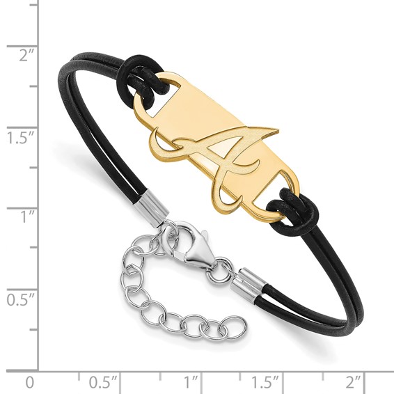 Sterling Silver Gold Plated Major League Baseball LogoArt Atlanta Braves Leather Bracelet