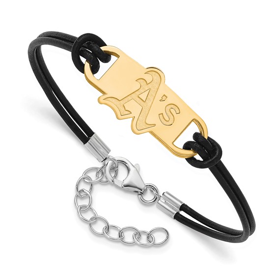 Sterling Silver Gold Plated Major League Baseball LogoArt Oakland Athletics Leather Bracelet