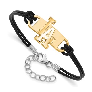 Sterling Silver Gold Plated Major League Baseball LogoArt Los Angeles Dodgers Leather Bracelet