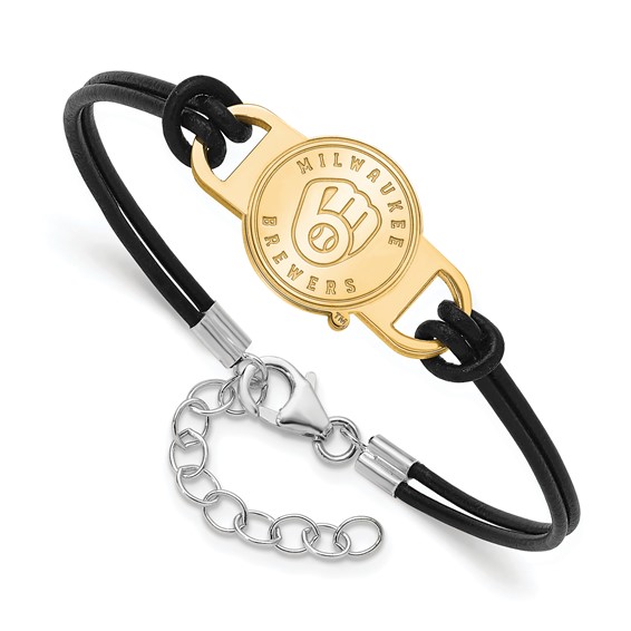 Sterling Silver Gold Plated Major League Baseball LogoArt Milwaukee Brewers Leather Bracelet