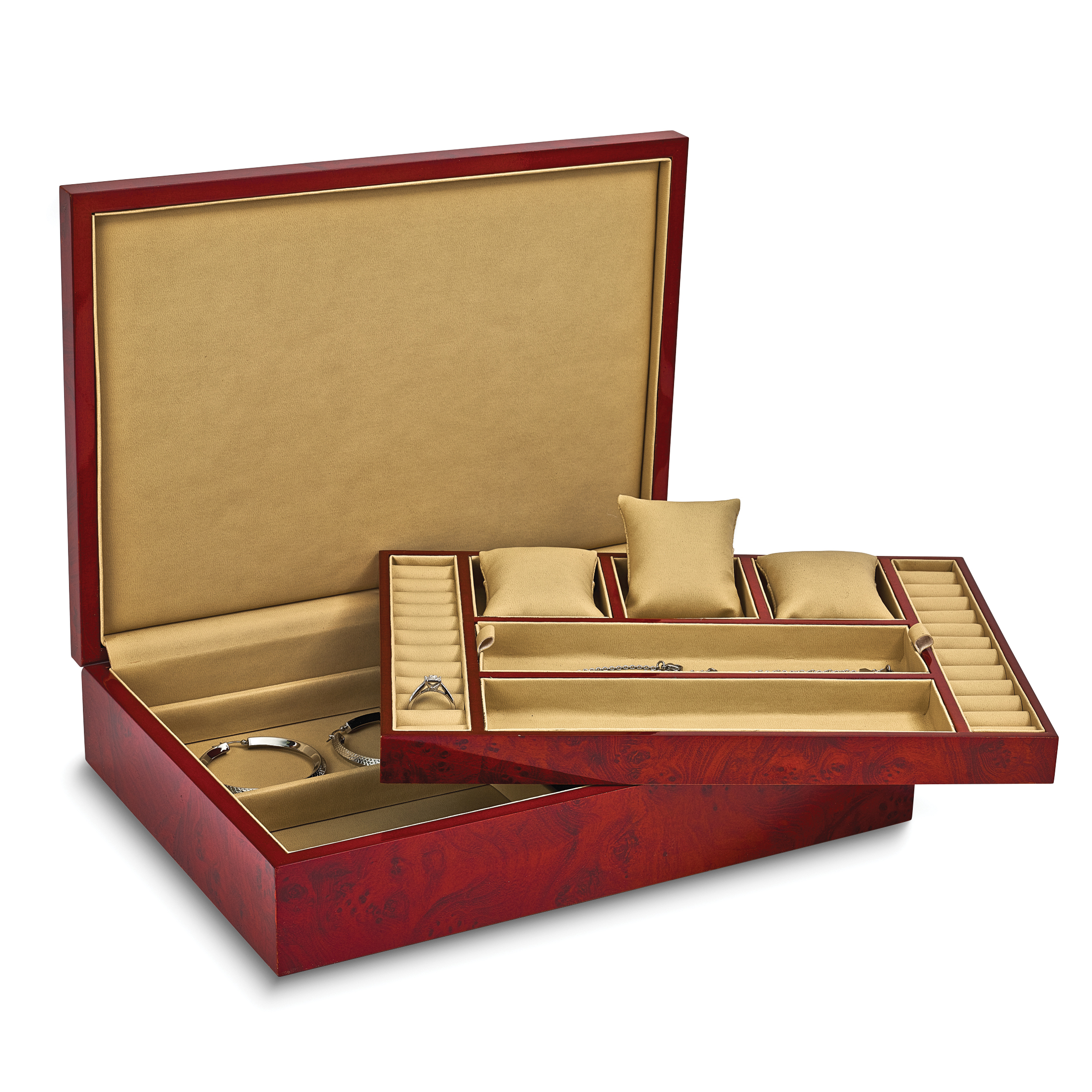 High Gloss Blonde Burlwood Finish Faux Suede Lined Wooden Valet Jewelry Box