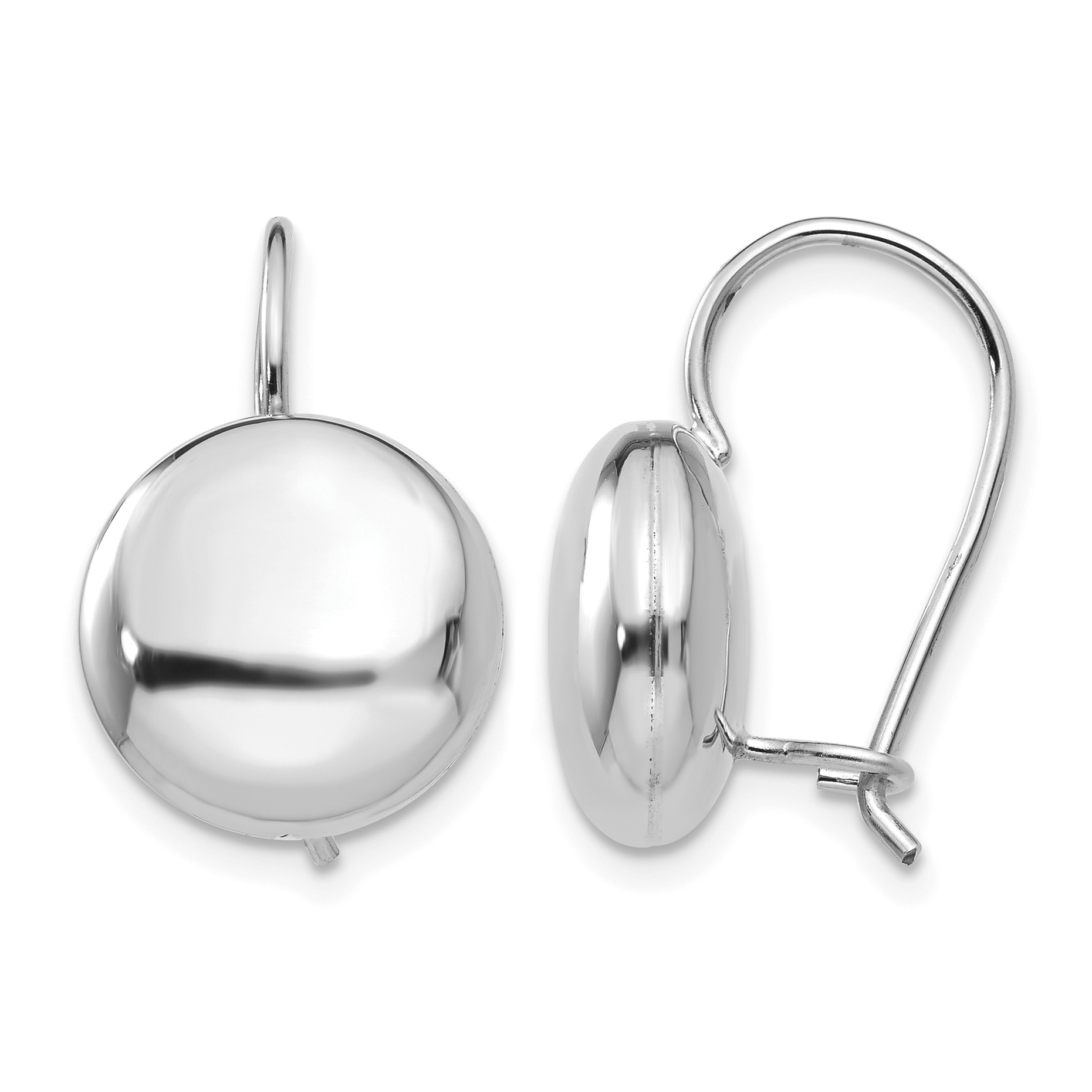 14k White Polished 12mm Button Kidney Wire Earrings (H1038)