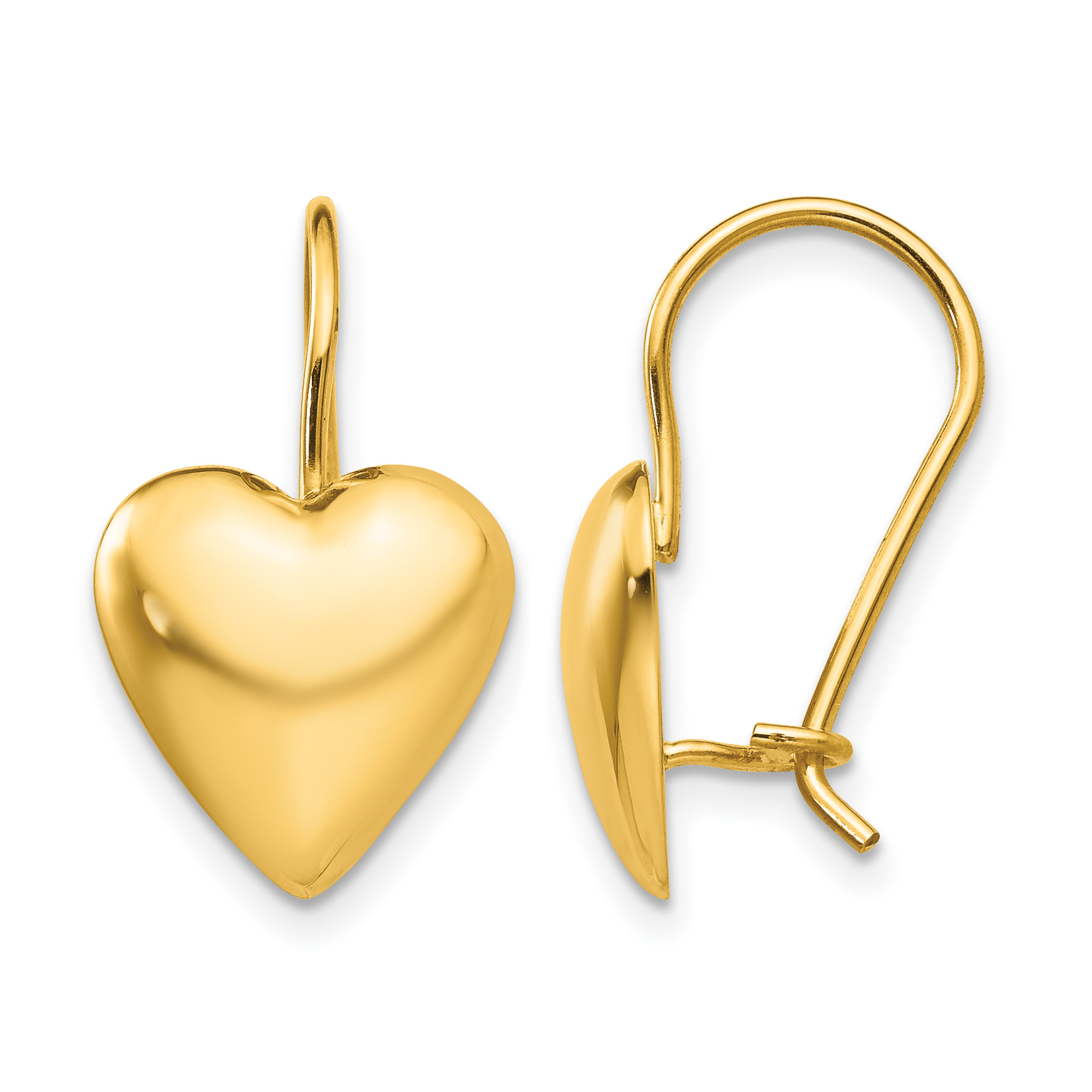 14k Polished 11.5mm Puffed Heart Kidney Wire Earrings (H1042)