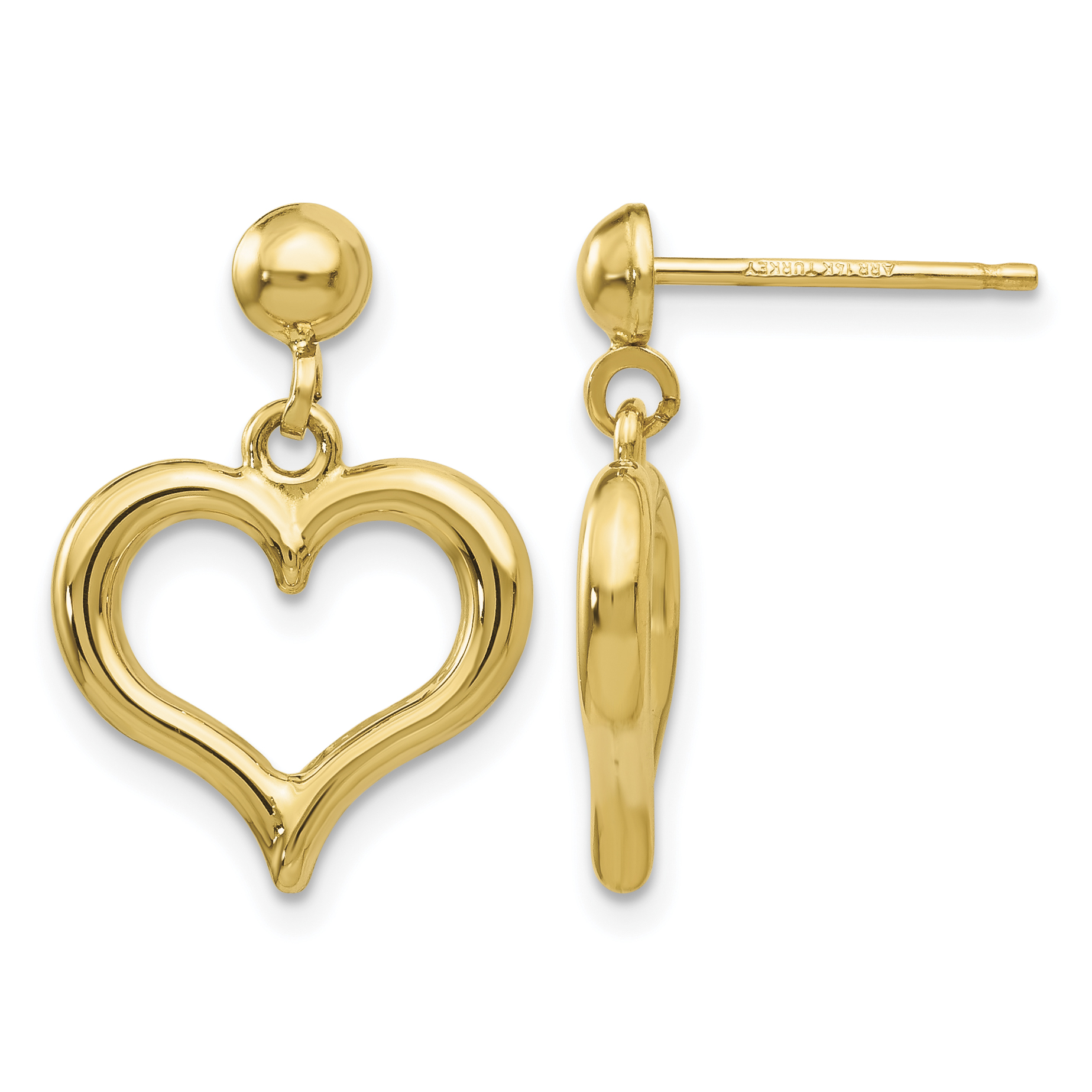 14K Gold Polished Heart Post Dangle Earrings (H1071)