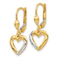 14K and White Rhodium Textured and Polished Heart Leverback Earrings view 2