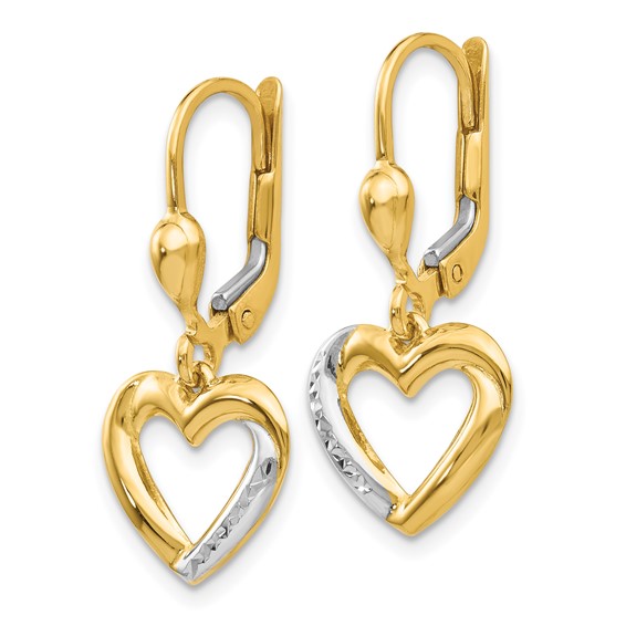 14K and White Rhodium Textured and Polished Heart Leverback Earrings