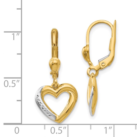 14K and White Rhodium Textured and Polished Heart Leverback Earrings