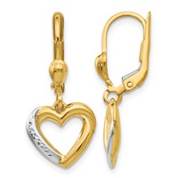14K and White Rhodium Textured and Polished Heart Leverback Earrings view 1
