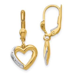 14K and White Rhodium Textured and Polished Heart Leverback Earrings