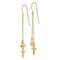 14K Yellow Gold Ropa Chain Puffed Heart and Diamond-Cut Cross Dangle French Hook Earrings view 2