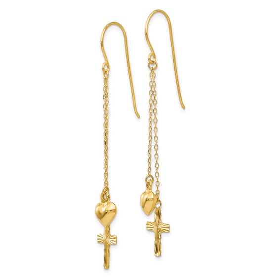 14K Ropa Chain Puffed Heart and Diamond-Cut Cross Dangle French Hook Earrings