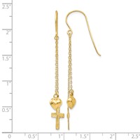 14K Yellow Gold Ropa Chain Puffed Heart and Diamond-Cut Cross Dangle French Hook Earrings view 4