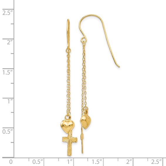 14K Ropa Chain Puffed Heart and Diamond-Cut Cross Dangle French Hook Earrings