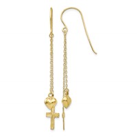 14K Yellow Gold Ropa Chain Puffed Heart and Diamond-Cut Cross Dangle French Hook Earrings view 1
