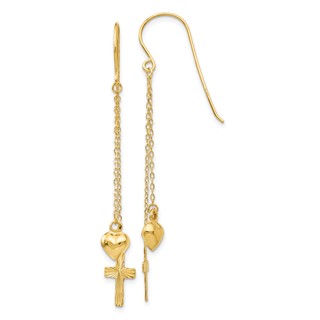 14K Ropa Chain Puffed Heart and Diamond-Cut Cross Dangle French Hook Earrings