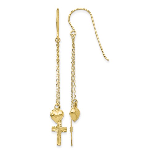 14K Yellow Gold Ropa Chain Puffed Heart and Diamond-Cut Cross Dangle French Hook Earrings