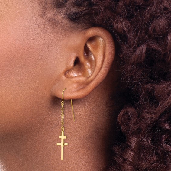 Gold Cross Dangle Shepard Hook Earrings