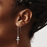 14K White Gold Chain Dangle 2-Cross French Hook Earrings view 3