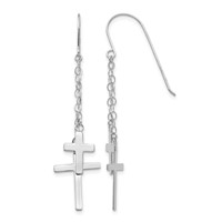 14K White Gold Chain Dangle 2-Cross French Hook Earrings view 1