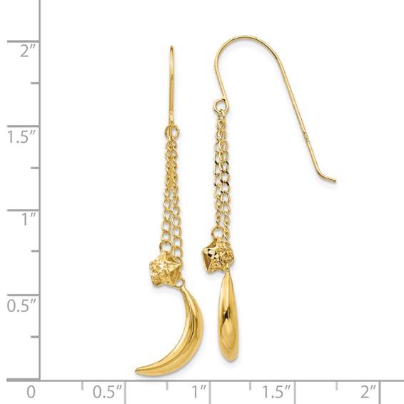 14K Chain Dangle Puffed Moon & Stars Shepherd Hook Earrings