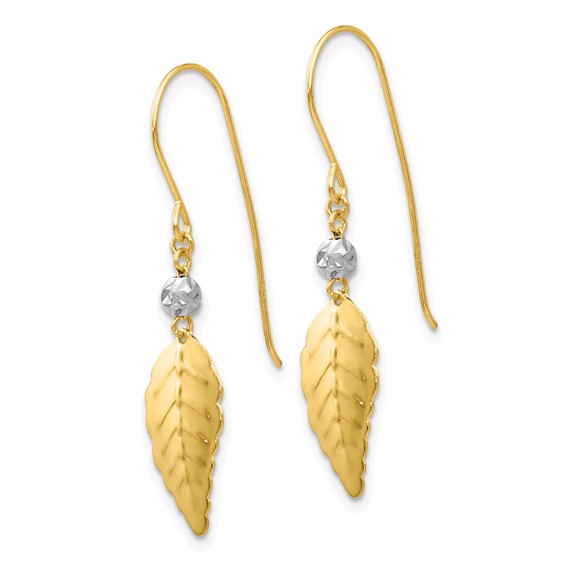14K Two-tone Stamped Leaf Dangle French Hook Earrings