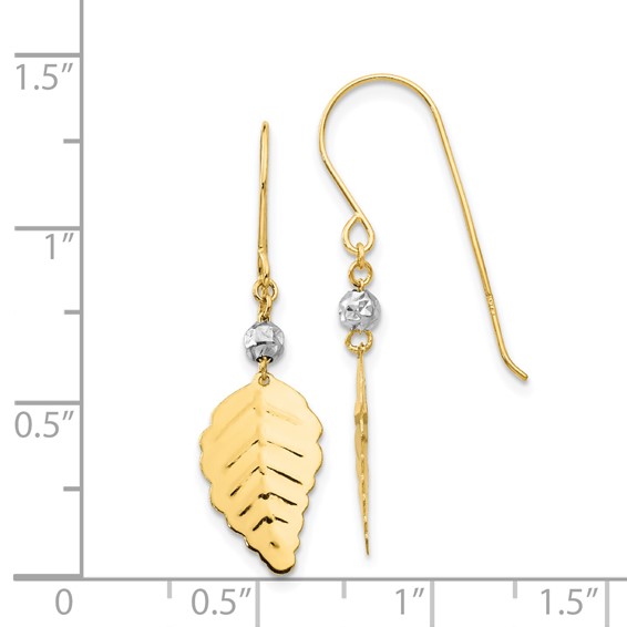 14K Two-tone Stamped Leaf Dangle French Hook Earrings