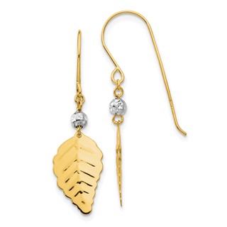 14K Two-tone Stamped Leaf Dangle French Hook Earrings