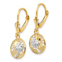 14K and White Rhodium Palm Tree and Sun in Circle Leverback Earrings view 2