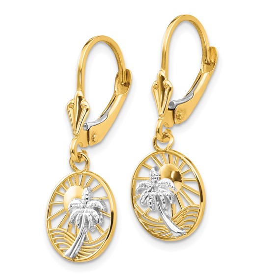 14k and White Rhodium Palm Tree and Sun in Circle Leverback Earrings