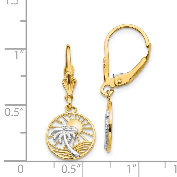 14k and White Rhodium Palm Tree and Sun in Circle Leverback Earrings