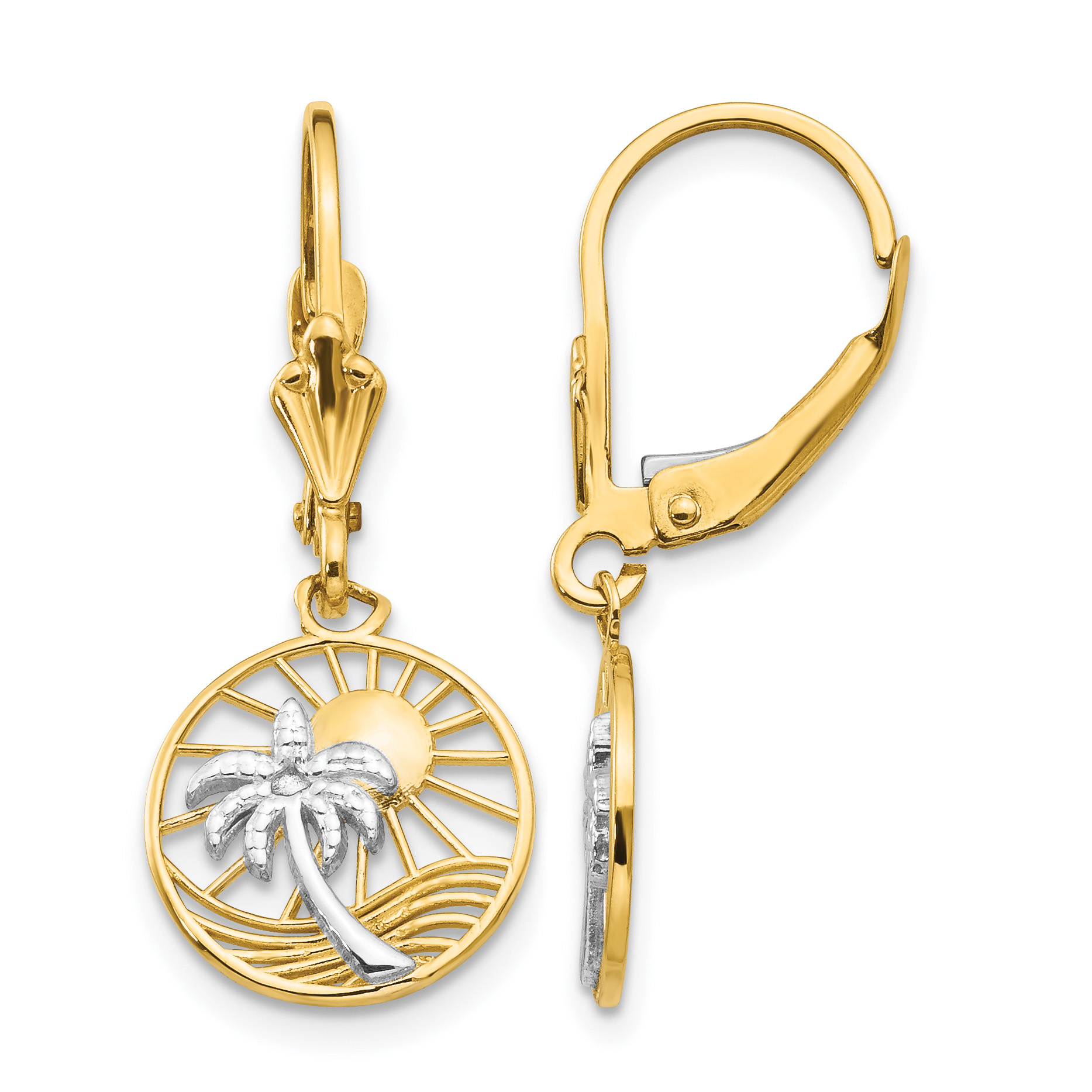 14k & Rhodium Palm Tree Leverback Earrings (H1128)