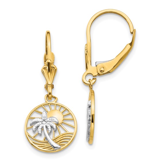 14k and White Rhodium Palm Tree and Sun in Circle Leverback Earrings