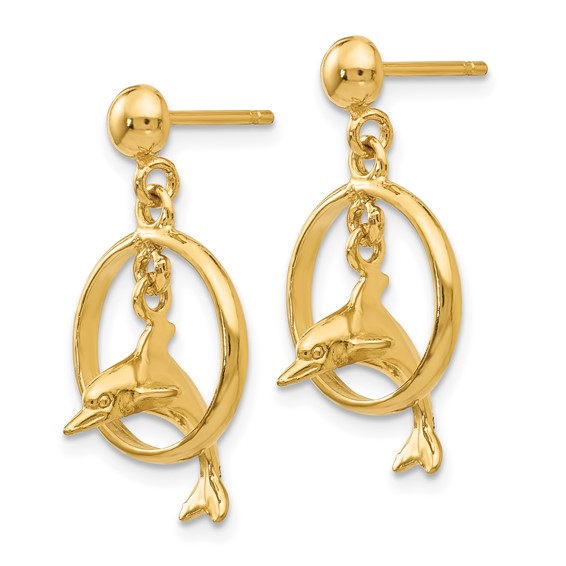 14K Polished 3-D Dolphin Jumping Through Hoop Dangle Post Earrings