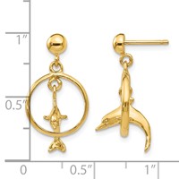 14K Yellow Gold Polished 3-D Dolphin Jumping Through Hoop Dangle Post Earrings view 4