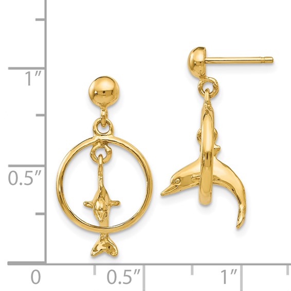 14K Polished 3-D Dolphin Jumping Through Hoop Dangle Post Earrings
