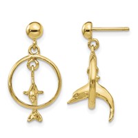 14K Yellow Gold Polished 3-D Dolphin Jumping Through Hoop Dangle Post Earrings view 1