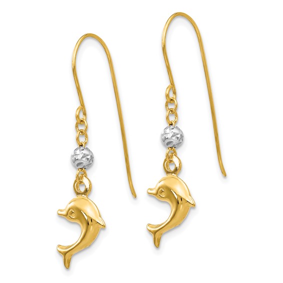 14K Two-tone Puffed Dolphin French Hook Earrings
