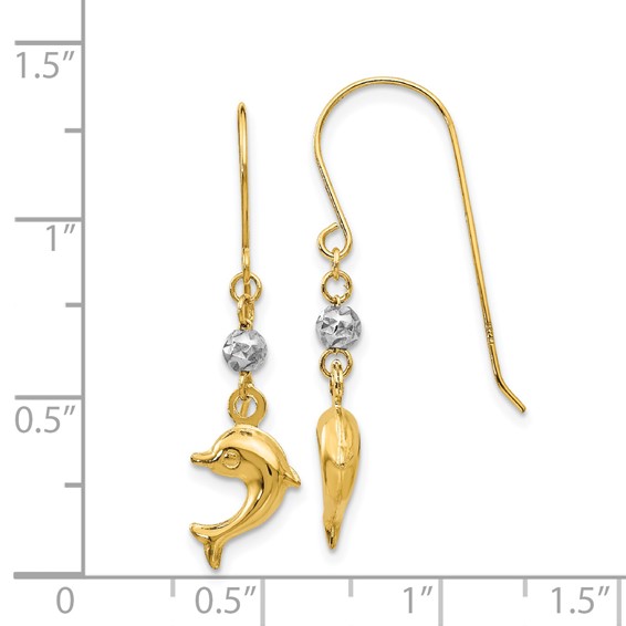 14K Two-tone Puffed Dolphin French Hook Earrings