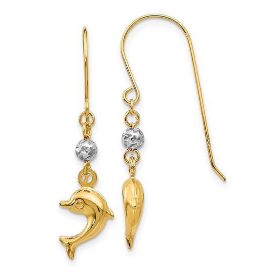 14K Two-tone Puffed Dolphin French Hook Earrings