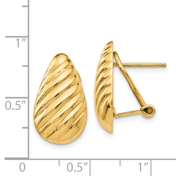 14k 11x20mm Polished Diagonal Stripe Teardrop Omega Back Post Earrings