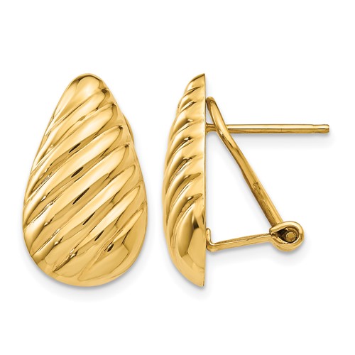 14K Yellow Gold 11x 20mm Polished Diagonal Stripe Teardrop Omega Back Post Earrings