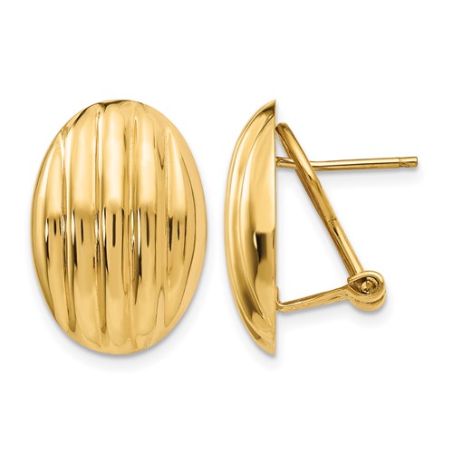 14K Yellow Gold 14x 19mm Oval Polished Fancy Ribbed Omega Back Post Earrings
