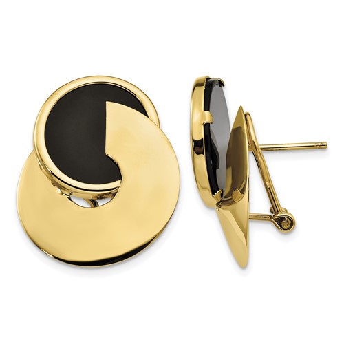 14K Yellow Gold Black Onyx Fancy Contemporary Omega Back Earrings