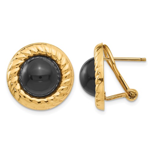 14K Yellow Gold Black Onyx Cabochon Fancy 16mm Omega Back Earrings