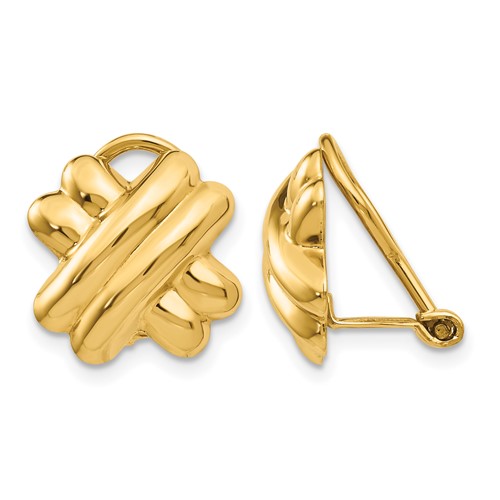 14K 14mm Yellow Gold Polished X Omega Back Non-pierced Earrings