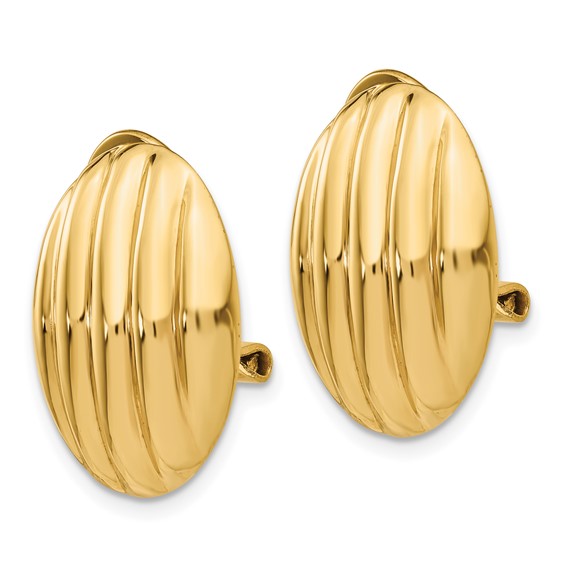 14k 14x19mm Oval Polished Fancy Ribbed Omega Back Non-pierced Earrings
