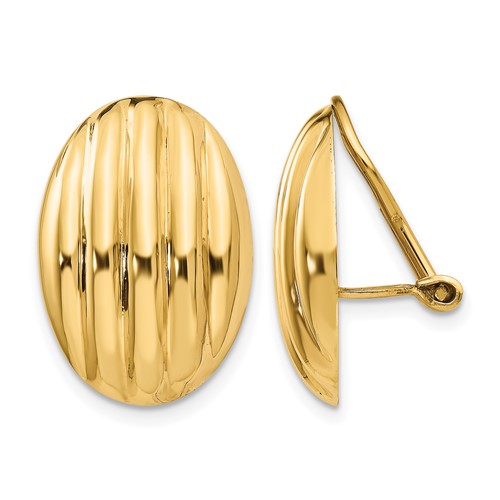 14K Yellow Gold 14x 19mm Oval Polished Fancy Ribbed Omega Back Non-pierced Earrings