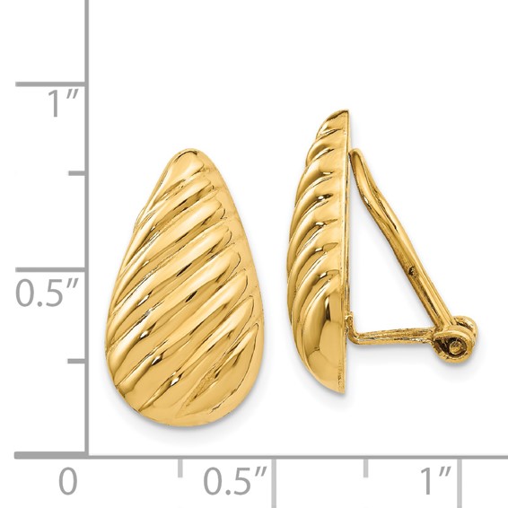 14k 11x20mm Polished Diagonal Stripe Teardrop Omega Back Non-pierced Earrings