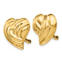 14K 18mm Yellow Gold Striped Heart Omega Back Non-pierced Earrings view 2
